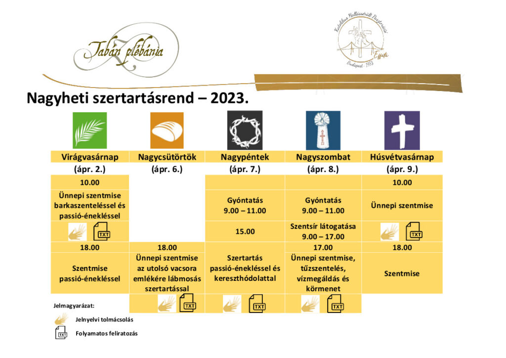 Tabán nagyheti szertartásrend 2023