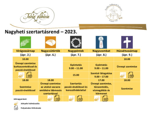 Tabán nagyheti szertartásrend 2023