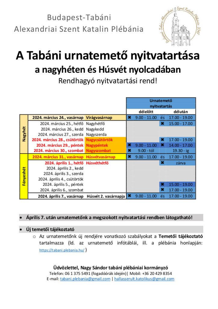 Urnatemető nyitvatartás 2024 nagyhét, húsvét