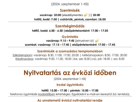 Szertartásrend 2024. szeptember 1-től